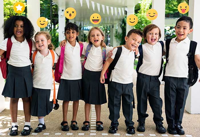 social emotional learning group of multi racial kids different emotions yellow face graphic above each